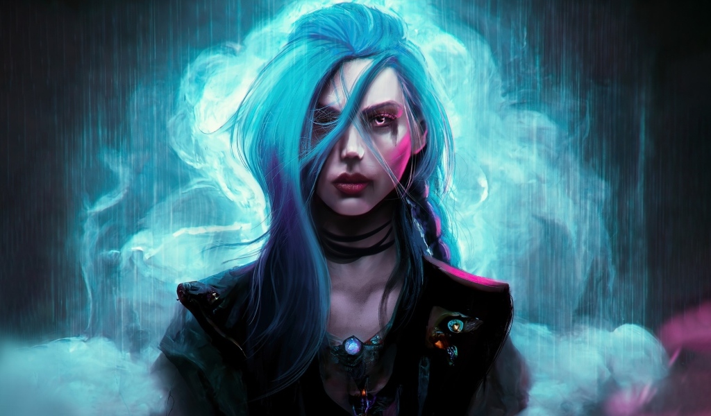 Девушка с голубыми волосами в дыму