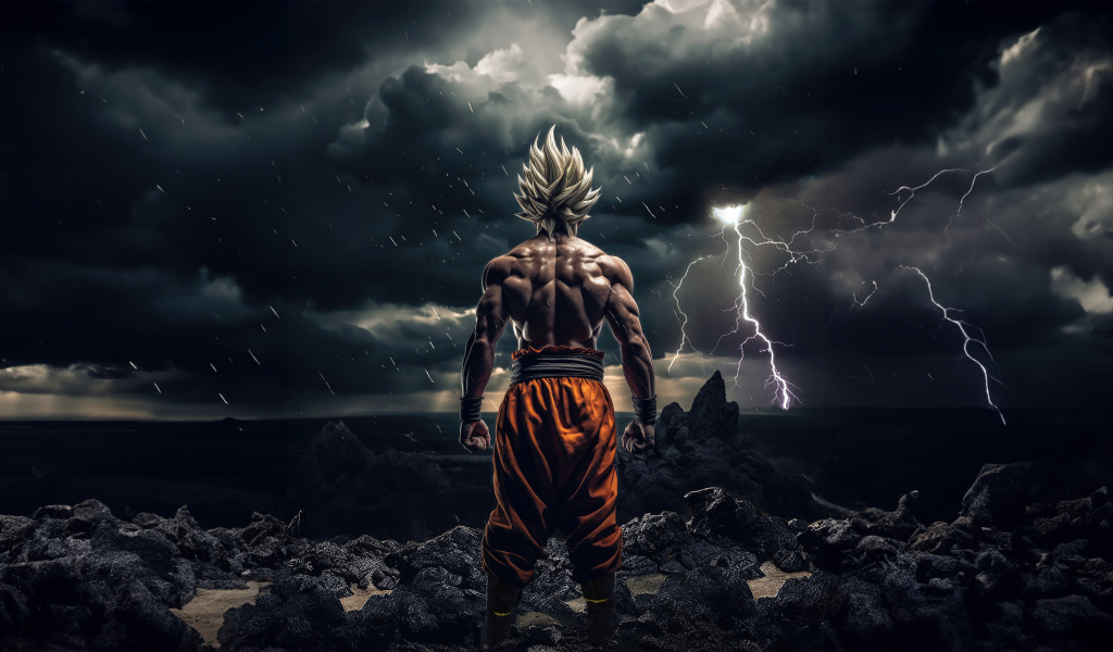 Гоку персонаж аниме на фоне грозового неба