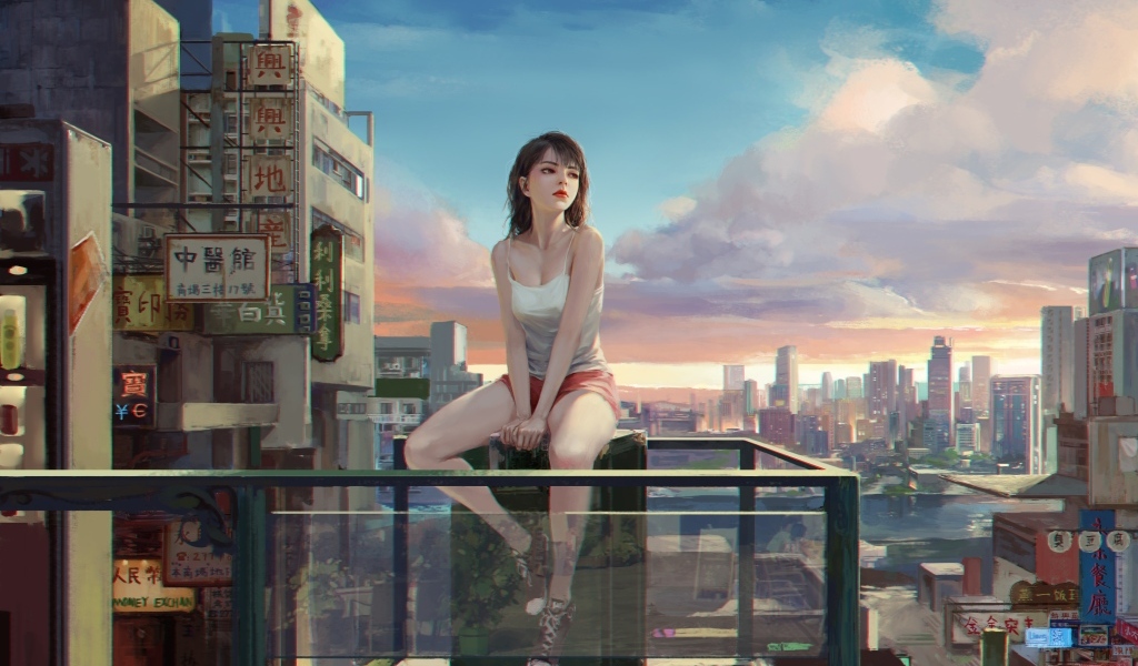 Грустная девушка аниме сидит на балконе