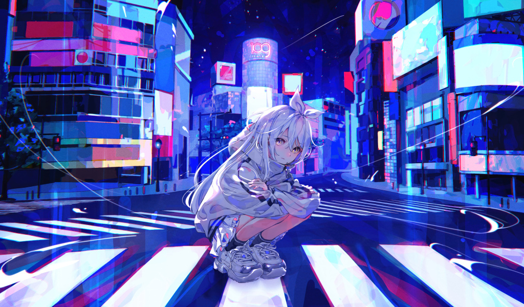 Грустная девушка аниме сидит на дороге в городе