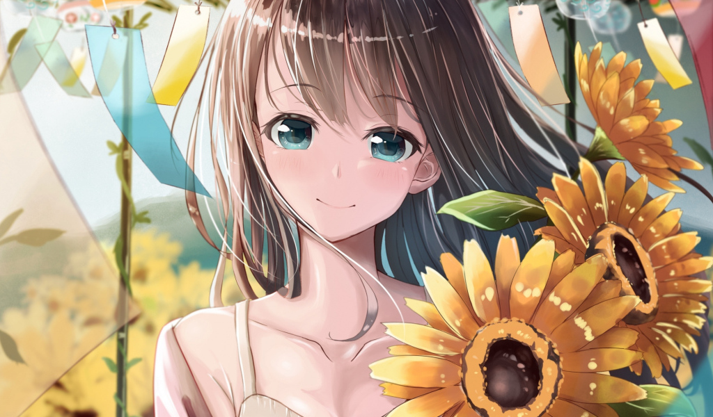 Улыбающаяся девушка аниме с цветами подсолнуха