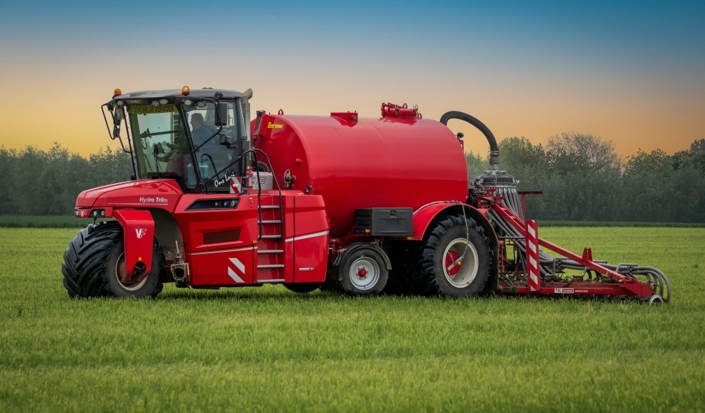 Большой красный комбайн на поле