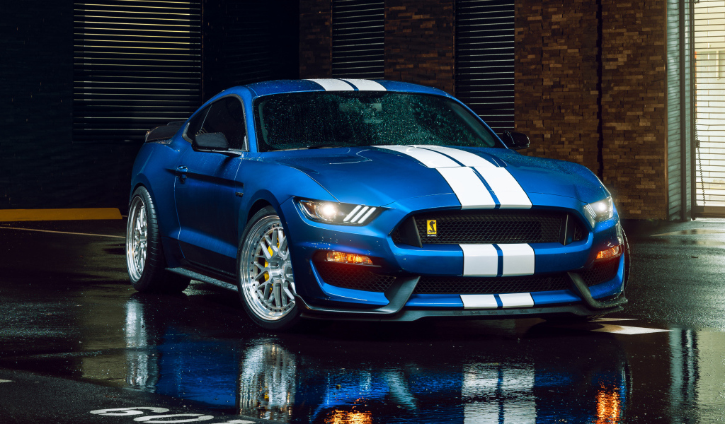 Спорткар Shelby GT350 на мокром асфальте