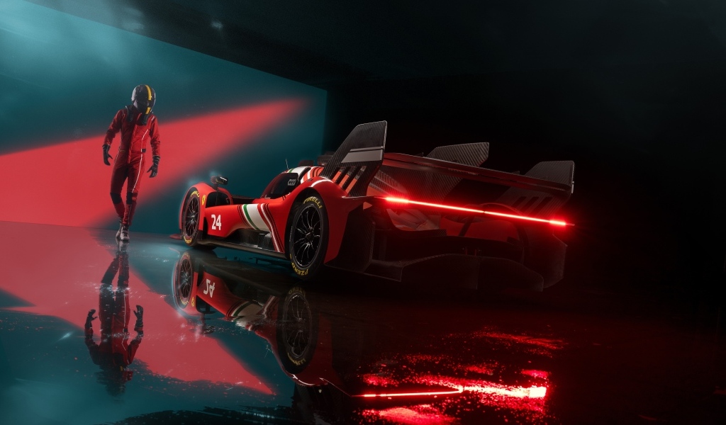 Красный спортивный автомобиль Ferrari 499P Modificata готовится к гонке