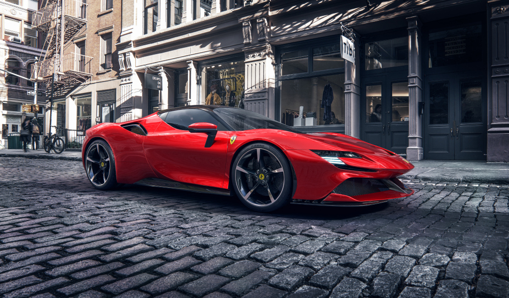 Красный автомобиль Ferrari SF90 Stradale в городе