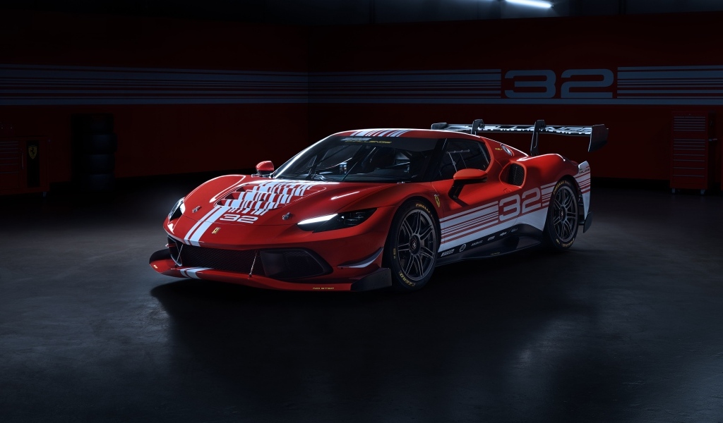 Красный быстрый автомобиль Ferrari 296 Challenge 2023 года