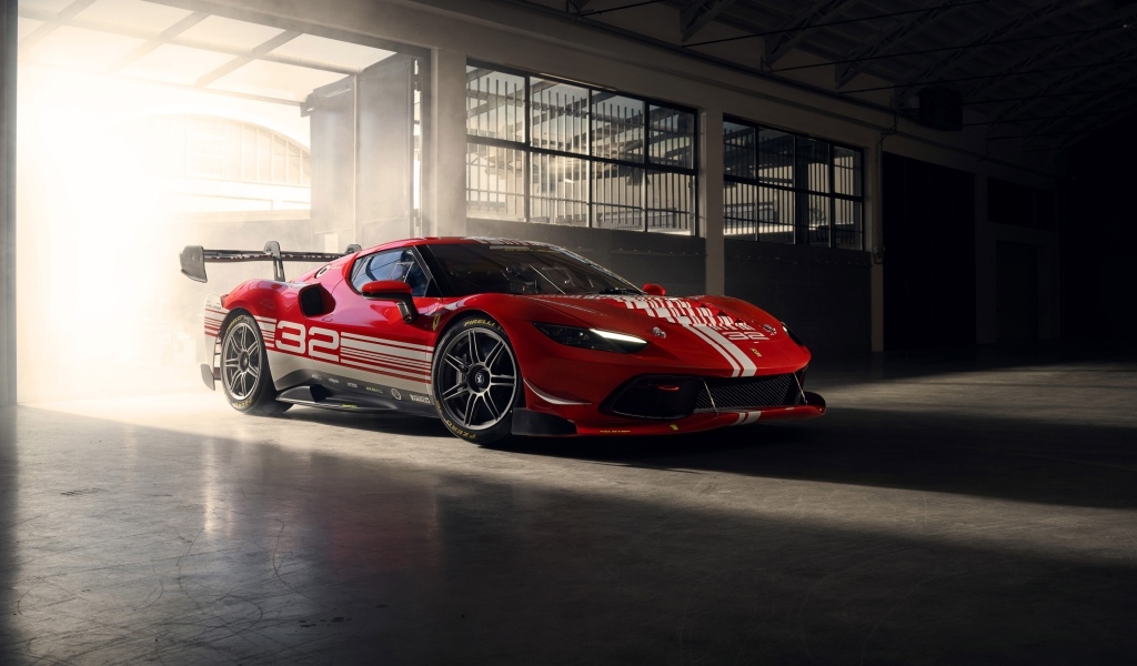 Красный быстрый автомобиль Ferrari 296 Challenge 2023