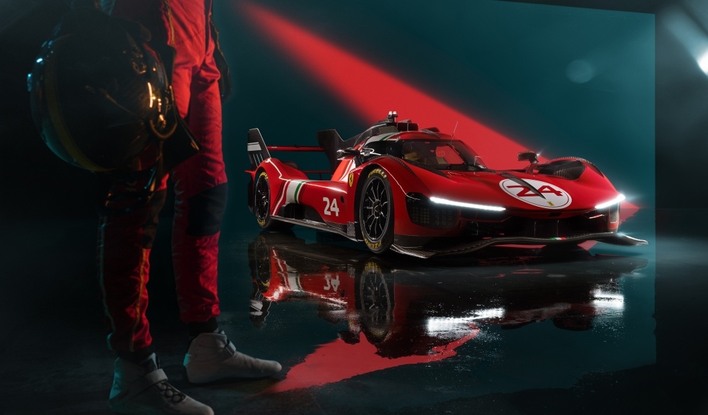 Красный стильный гоночный автомобиль Ferrari 499P Modificata