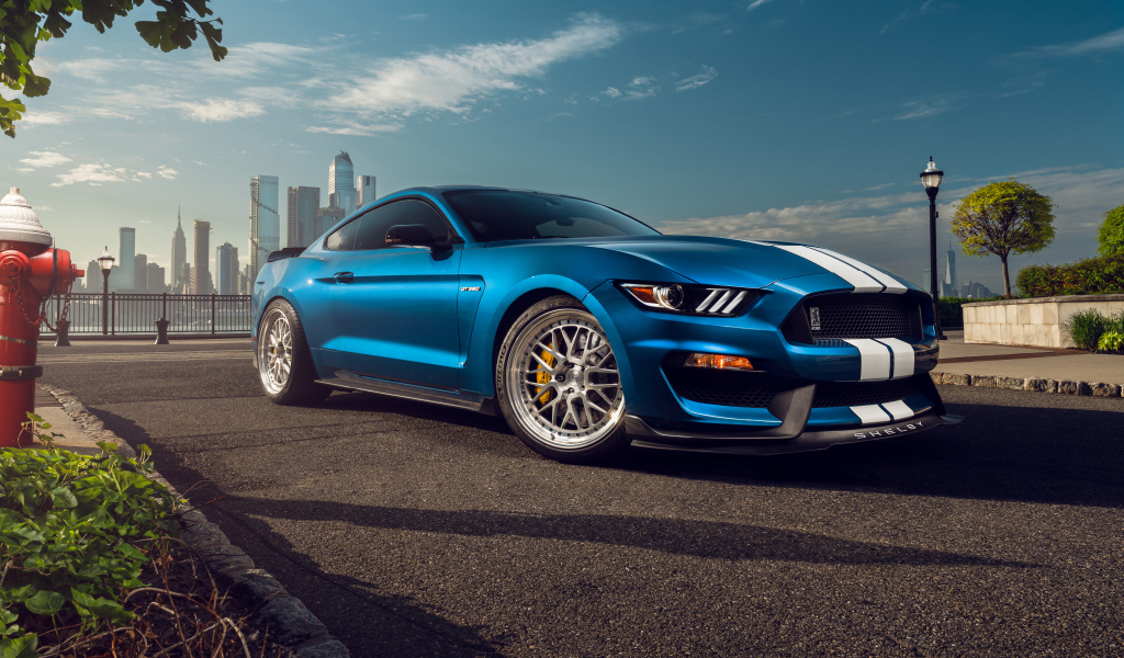 Синий автомобиль Ford Shelby Mustang GT350 в городе