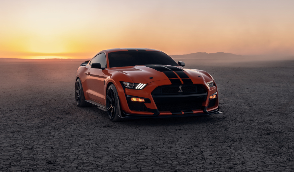 Красный  Ford Shelby GT500 на фоне заката