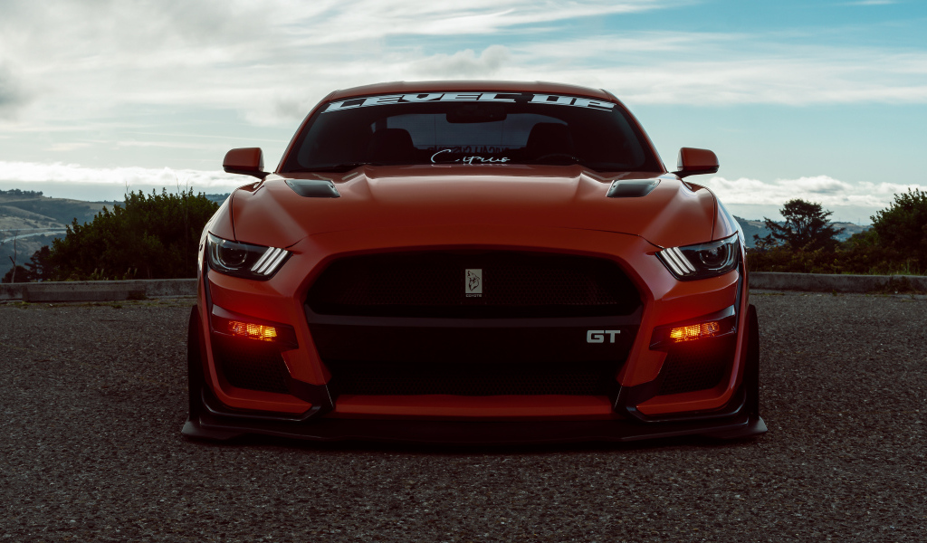 Красный спорткар Ford Shelby GT500 вид спереди