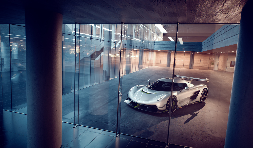 Автомобиль Koenigsegg Jesko у стекла