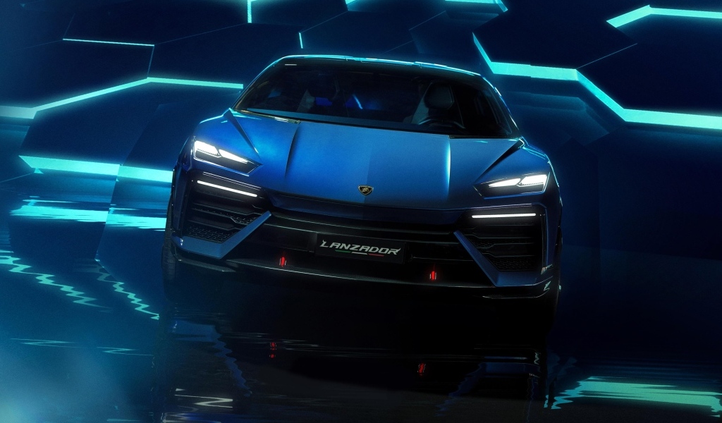 Красивый синий автомобиль Lamborghini Lanzador Concept EV вид спереди