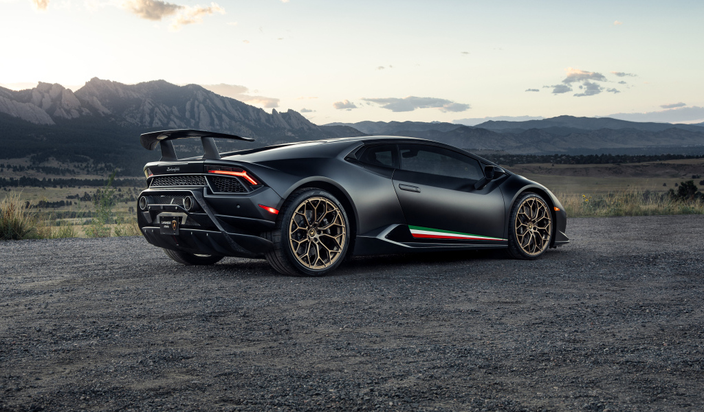 Черный спорткар Lamborghini Huracan Performante вид сзади