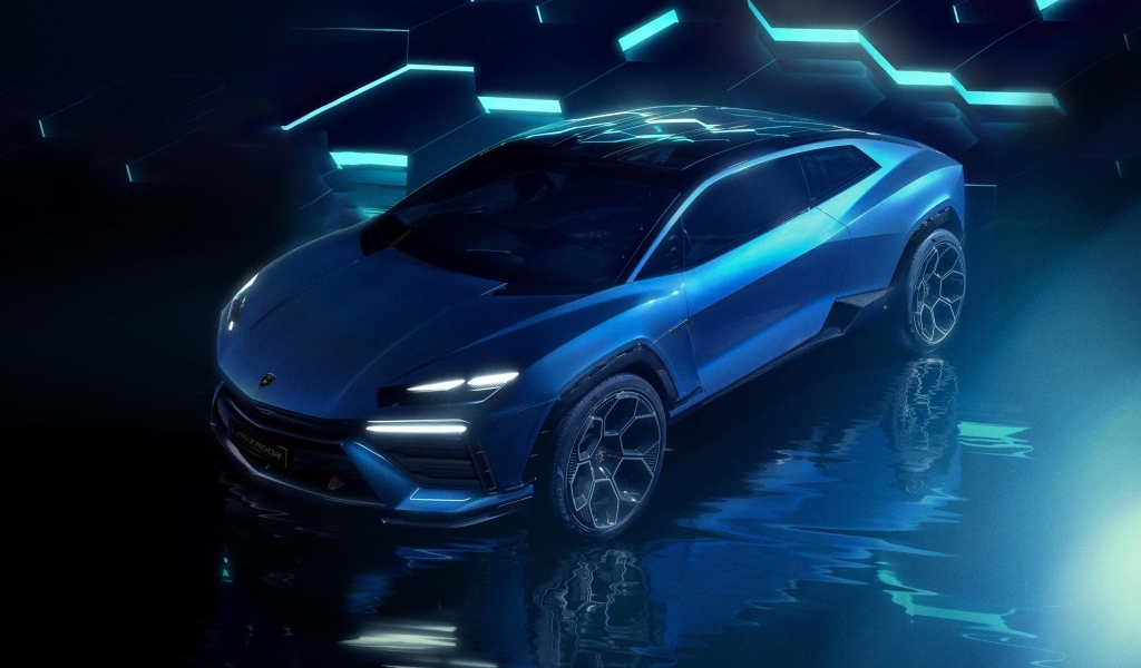 Презентация автомобиля Lamborghini Lanzador Concept EV на синем фоне