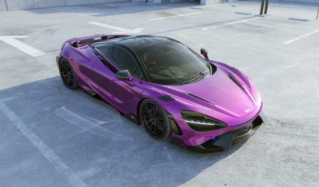 Вид сверху на сиреневый автомобиль McLaren 765LT