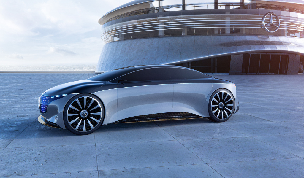 Серебристый автомобиль концепт Mercedes Vision EQS