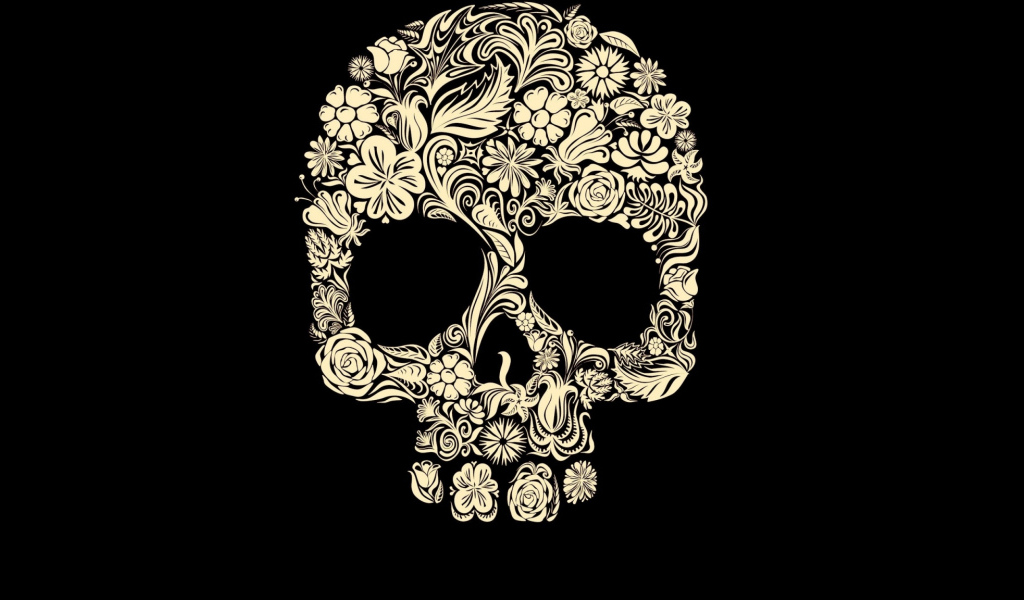 Череп из цветов на черном фоне