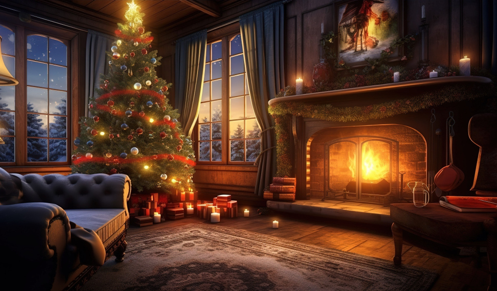 Красивая комната украшена на Рождество