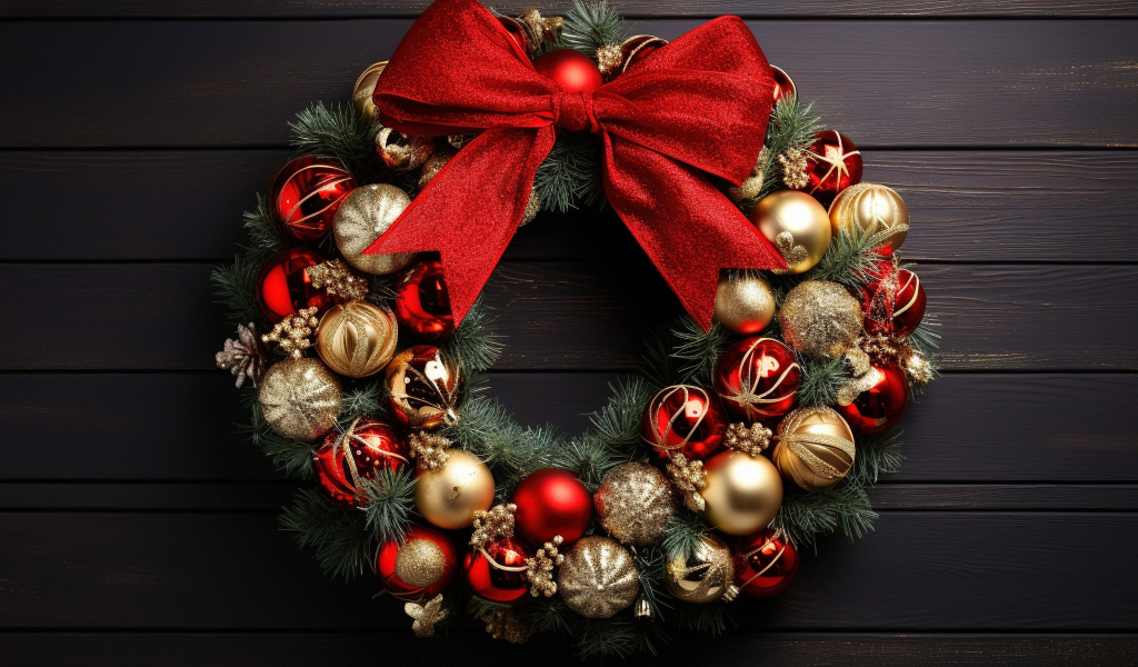 Рождественский венок с красным бантом