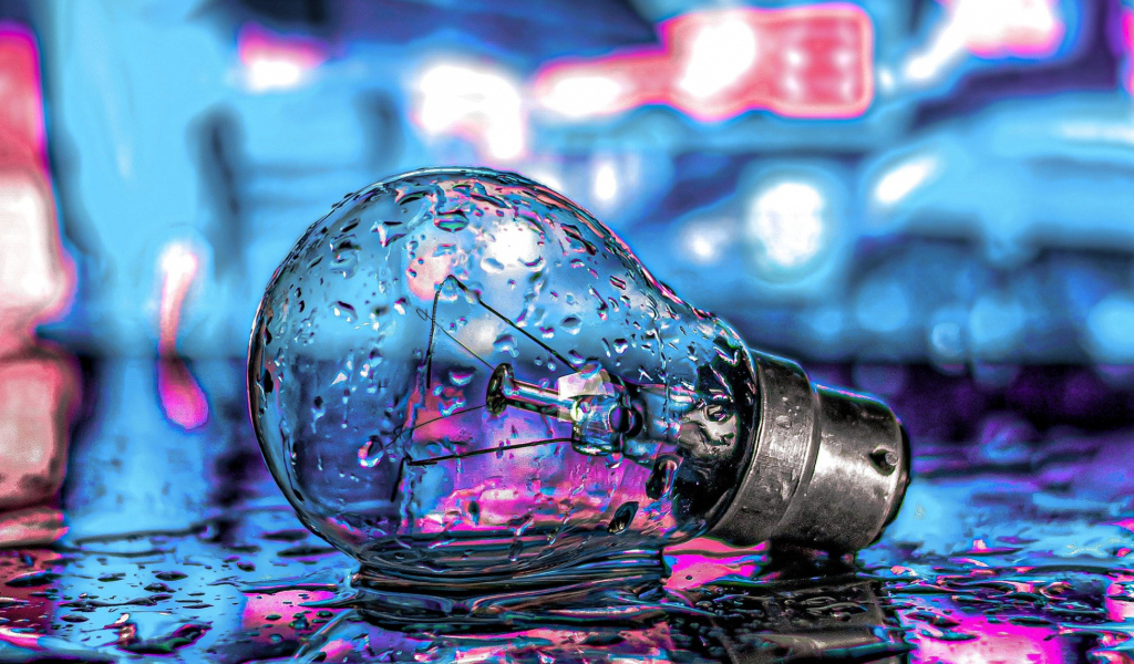 Стеклянная лампочка лежит на мокрой дороге