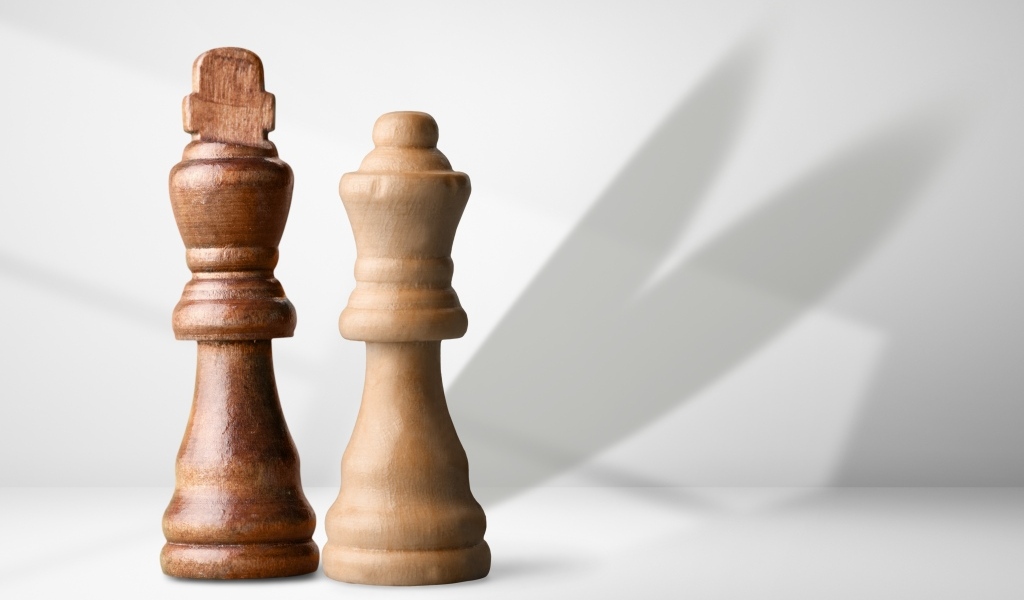 Две деревянные шахматные фигуры на сером фоне