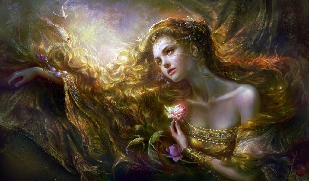 Красивая нарисованная девушка с длинными волосами