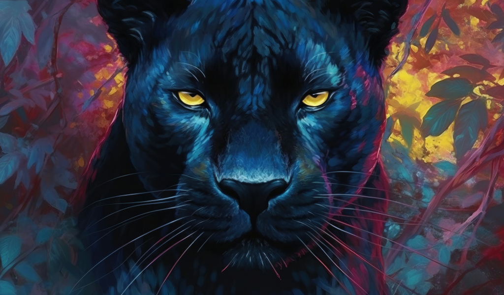 Нарисованная черная пантера в зарослях