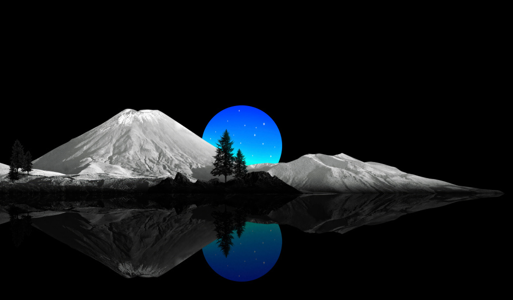 Нарисованные горы и луна на черном фоне