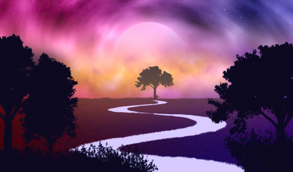 Нарисованная белая река на фоне луны