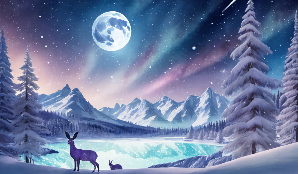 Нарисованный зимний пейзаж в лесу