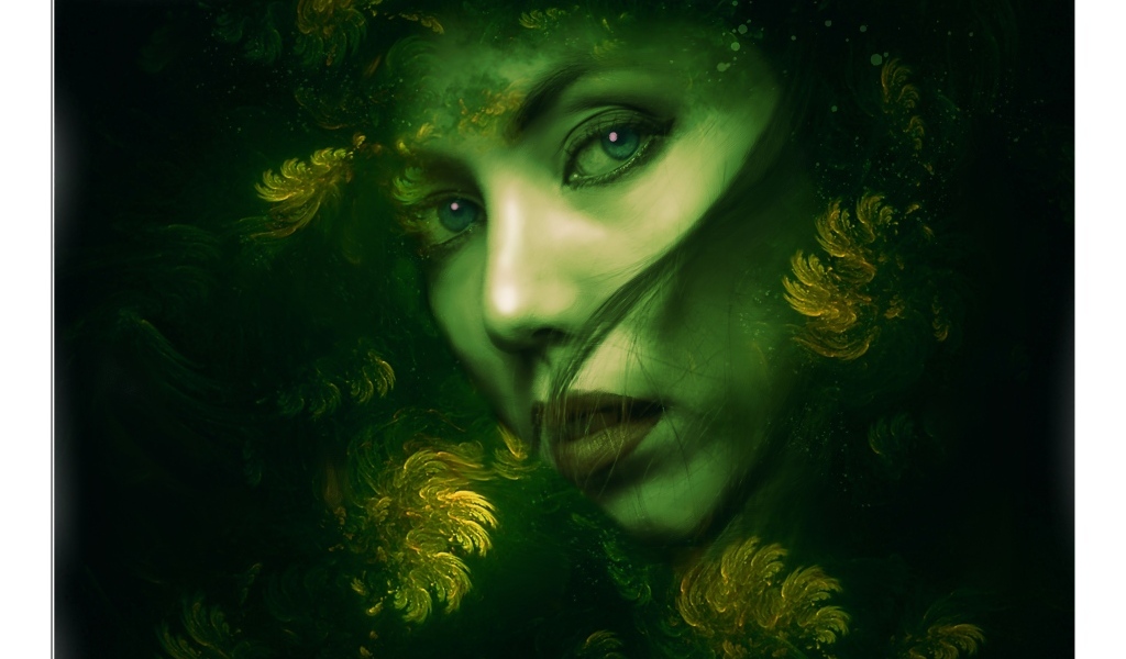 Нарисованная красивая девушка на зеленом фоне