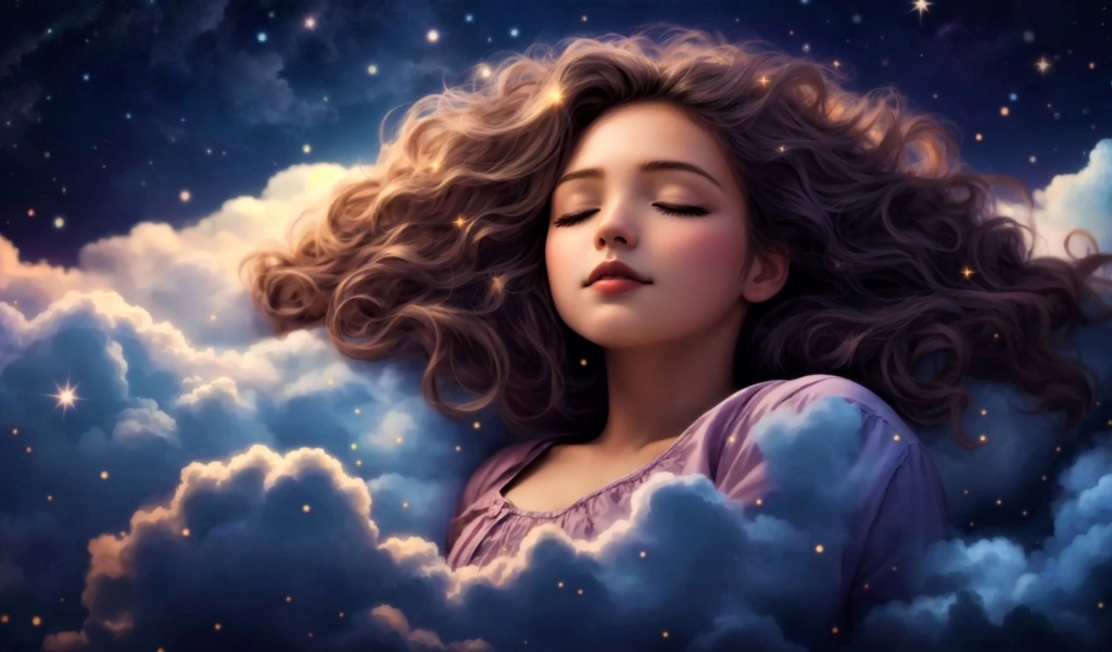 Нарисованная девушка спит в белых облаках