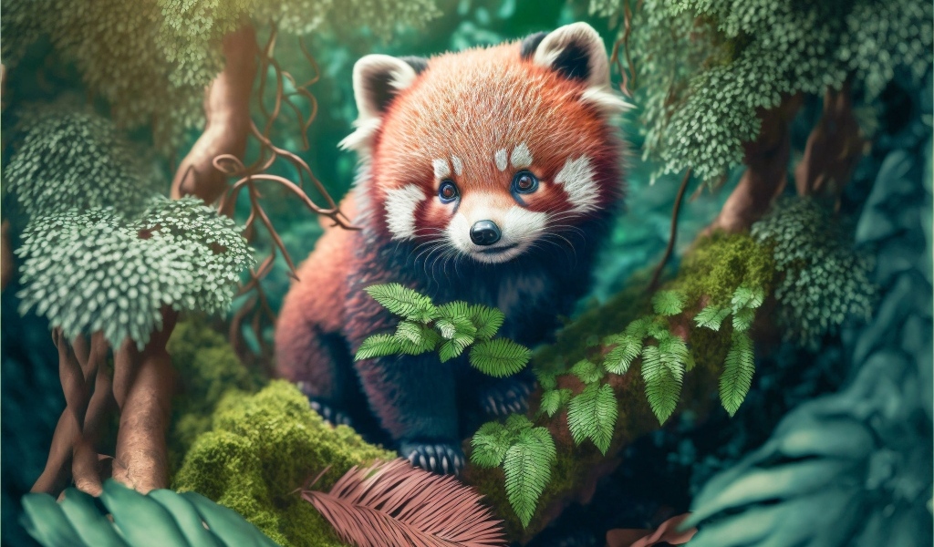 Нарисованная красная панда на ветке дерева