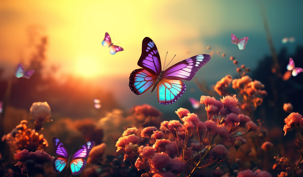 Красивые фантастические бабочки летают над цветами