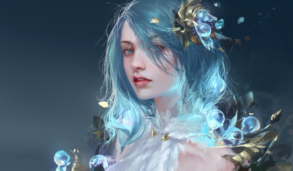 Красивая фантастическая девушка с голубыми волосами