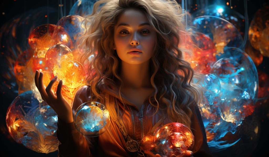 Красивая девушка с фантастическими светящимися шарами