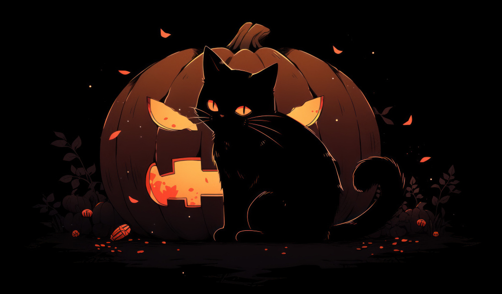 Черный котенок на фоне фонаря из тыквы