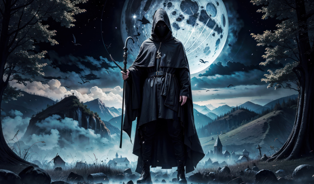 Черный маг в плаще на фоне луны