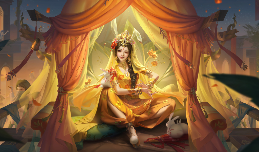 Фантастическая девушка азиатка сидит в шатре