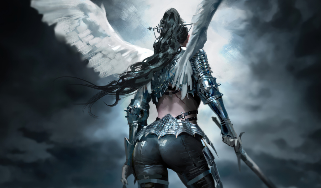 Фантастическая девушка ангел с оружием