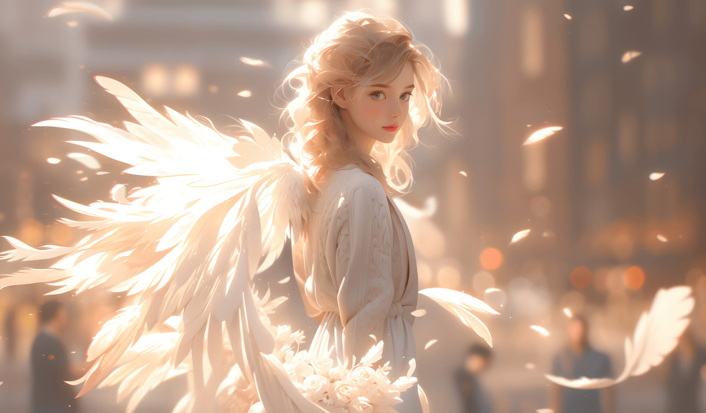 Фантастическая девушка ангел с белыми крыльями