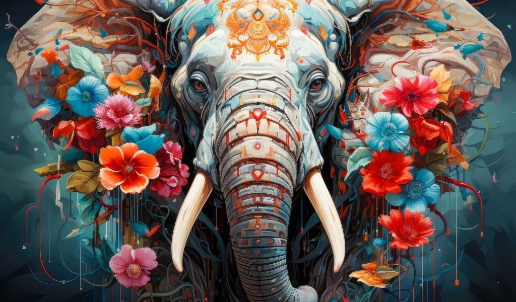 Фантастический слон украшен цветами