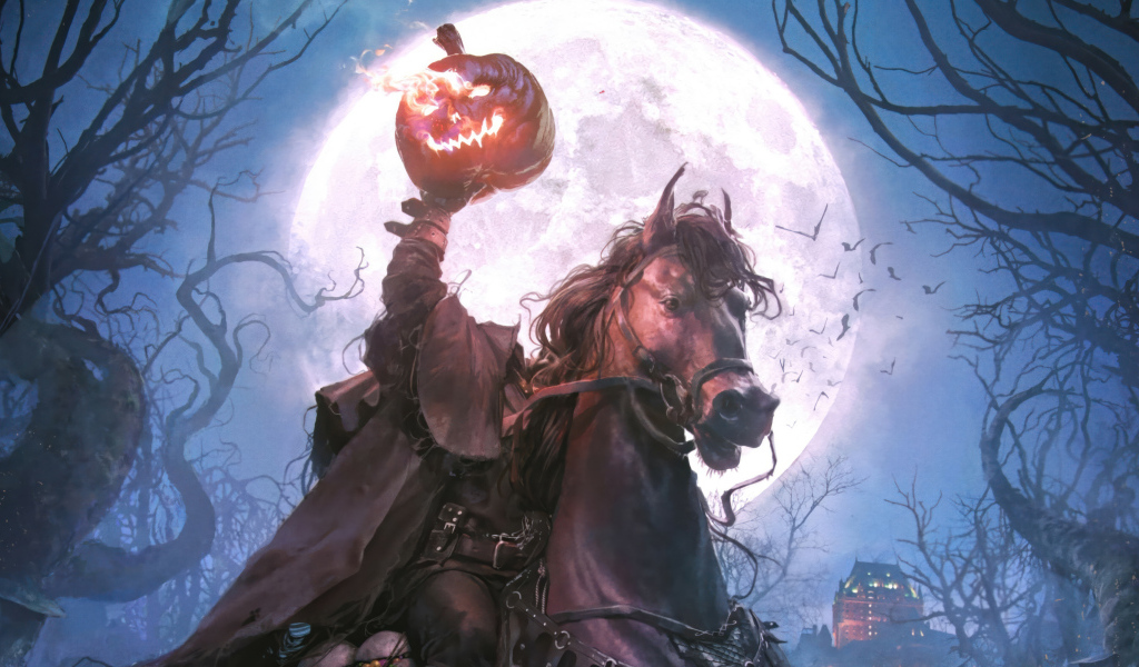 Фантастический всадник без головы с тыквой в руках