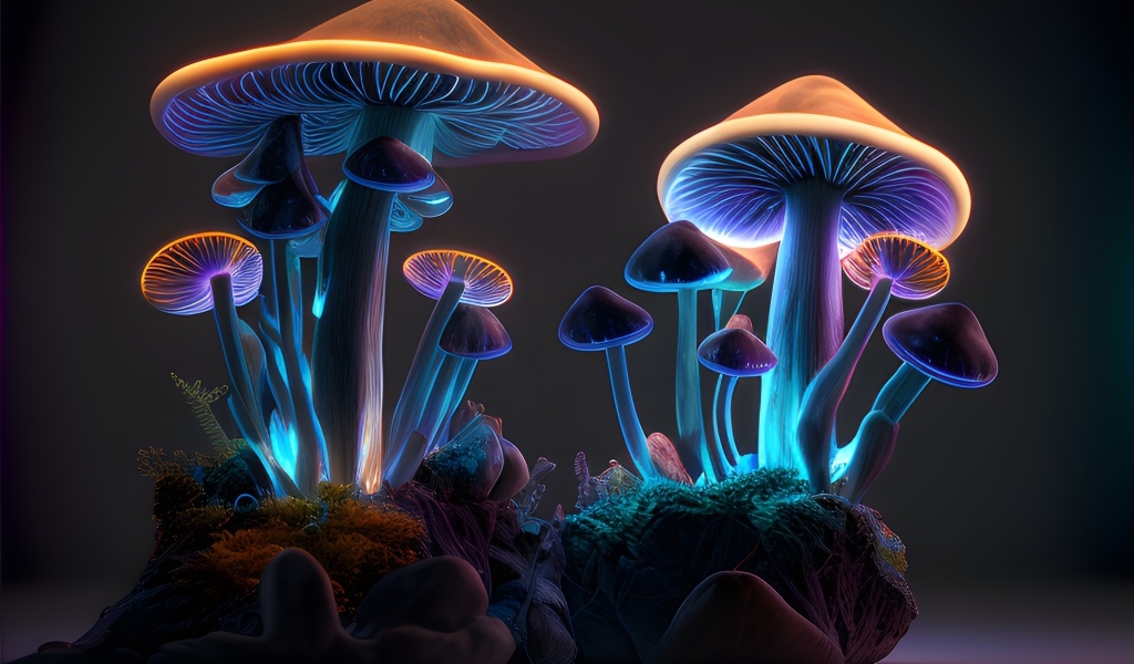Фантастические неоновые грибы на сером фоне