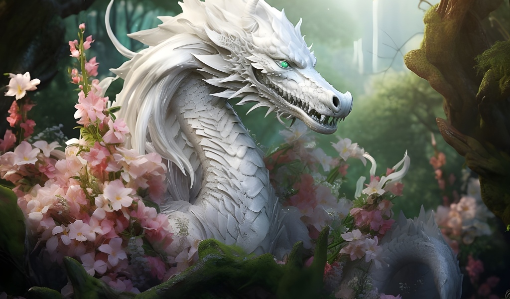 Фантастический белый дракон в розовых цветах