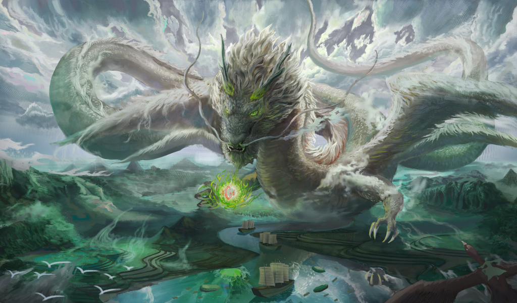 Фантастический дракон над рекой