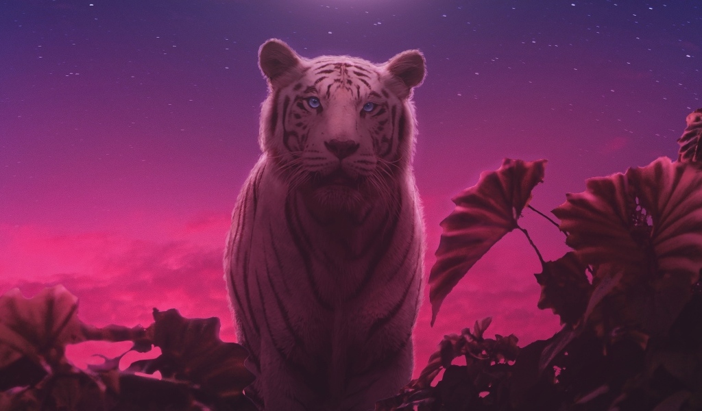 Фантастический тигр с зелеными листьями ночью