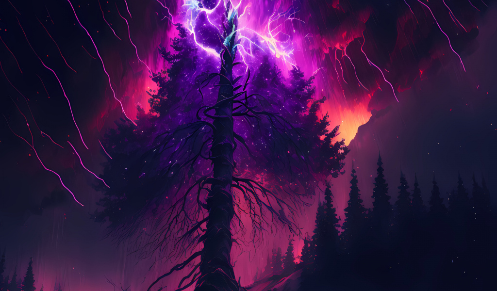 Молния разрывается над старым деревом