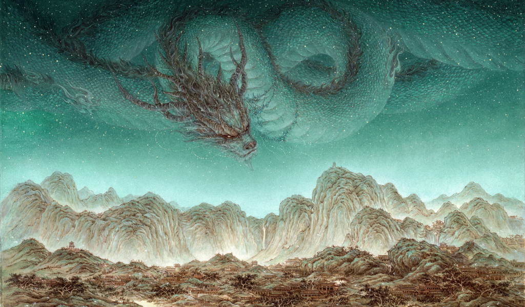 Волшебный дракон летает над горами